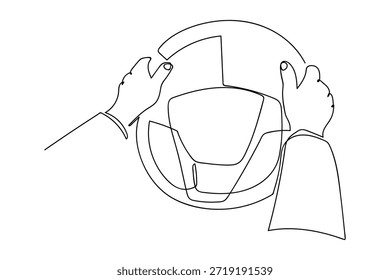 A single, continuous line hands are controlling the steering wheel of a car. simple line art illustration.