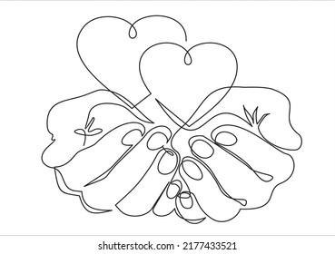 Single continuous line hands holding hearts white background  Black thin line the hands and  hearts 