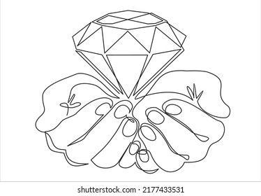 Single continuous line of hands holding a brilliant, diamond. Can used for logo, emblem, slide show and banner.One line vector illustration.