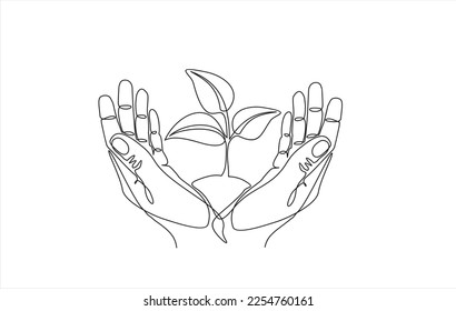 Single continuous line of hands holding tree leaf. Plant leaves grow planet Earth seedling eco natural concept design sketch drawing vector illustration art 