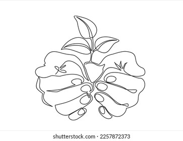 Single continuous line of hands holding tree leaf. Plant leaves grow planet Earth seedling eco natural concept design sketch drawing vector illustration art 