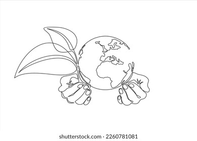 Single continuous line of hands holding planet earth and tree leaf. Plant leaves grow planet Earth seedling eco natural concept design sketch drawing vector illustration art 