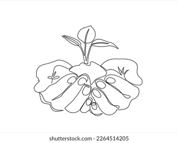 Single continuous line of hands holding tree leaf. Plant leaves grow planet Earth seedling eco natural concept design sketch drawing vector illustration art 