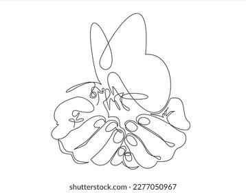 Single continuous line of hands holding butterfly on a white background. Black thin line of the hands with  butterfly. Freedom concept.