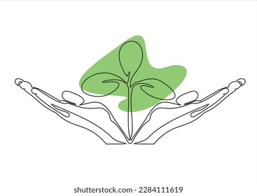 Single continuous line of hands holding a plant. Concept of growing and love earth.	