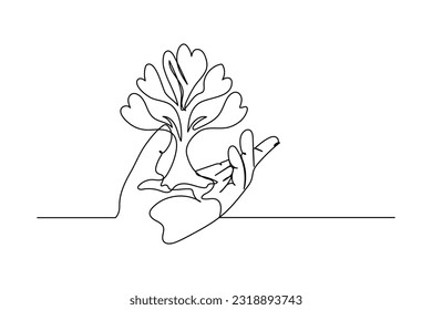 Single continuous line of hands holding tree leaf. Plant leaves grow planet Earth seedling eco natural concept design sketch drawing vector illustration art
