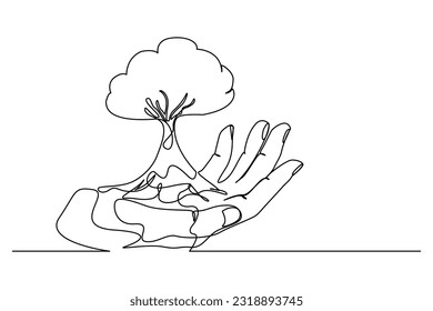 Una sola línea continua de manos sosteniendo la hoja de árbol. Las hojas de la planta crecen planeta Seedling Tierra ecológicamente concepto natural diseño dibujo ilustración vectorial arte
