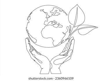 Single continuous line of hands holding planet earth and tree leaf. Plant leaves grow planet Earth seedling eco natural concept design sketch drawing vector illustration art 