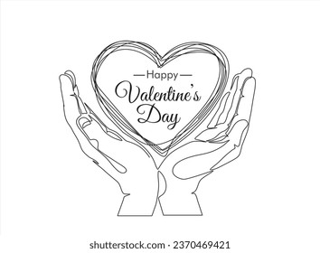 Single continuous line of hands holding heart with inscription: Happy Valentines Day. Valentines Day concept. Black thin line of the hands with  heart.