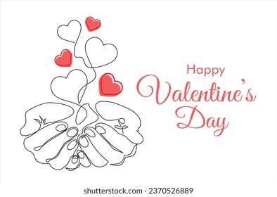 Single continuous line of hands holding heart with inscription: Happy Valentines Day. Valentines Day concept. Black thin line of the hands with  heart.