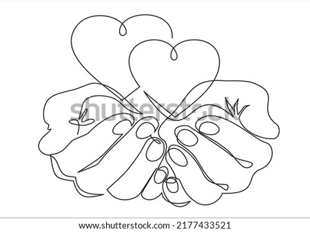 Single continuous line of hands holding hearts on a white background. Black thin line of the hands with  hearts.