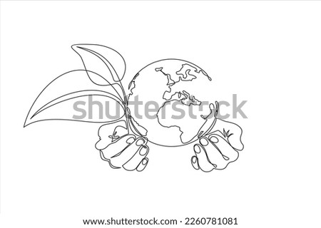 Single continuous line of hands holding planet earth and tree leaf. Plant leaves grow planet Earth seedling eco natural concept design sketch drawing vector illustration art 