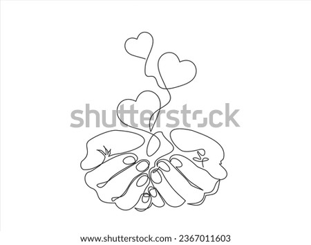 Single continuous line of hands holding hearts on a white background. Black thin line of the hands with  hearts.