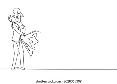 Single continuous line happy man carrying and embracing woman with wedding dress. Cute romantic married couple relationship celebrate wedding party. One line draw graphic design vector illustration