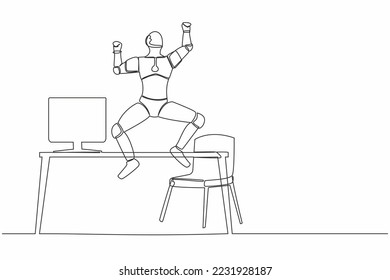 Robot contínuo de línea única y feliz saltando con las manos levantadas cerca del escritorio. Desarrollo robótico moderno. Proceso de aprendizaje de la máquina de inteligencia artificial. Ilustración vectorial de diseño de líneas de una línea