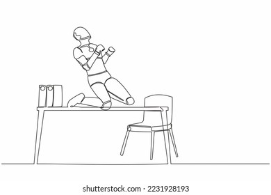 Single continuous line happy robot kneeling with celebrating goal pose on table desk. Future technology. Artificial intelligence machine learning process. One line design vector graphic illustration