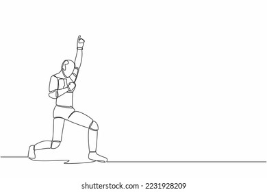 Single continuous line happy robot standing with raise one hand and the other hand pose yes. Artificial intelligence machine learning process. Dynamic one line draw design vector graphic illustration