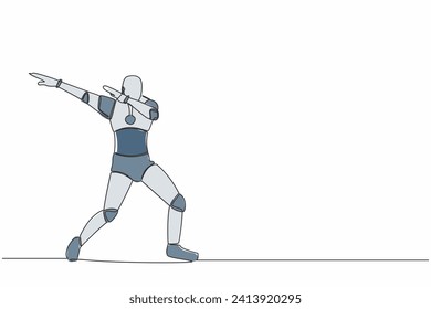Single continuous line happy robot standing with crossing arms and look down. Future robotic development. Artificial intelligence machine learning process. One line design vector graphic illustration