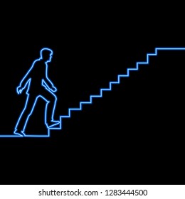 Single continuous line Human walking on ladder sign neon blue glow vector illustration concept