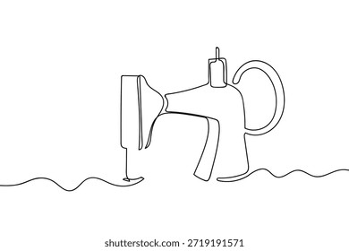 A single, continuous line illustrates a foot-pedal sewing machine. Single line art design.