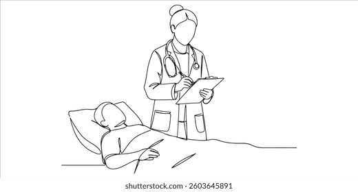 A single continuous line illustration depicts a young female doctor standing while holding a clipboard to assess the condition of a sick patient in a hospital. This artwork represents the concept