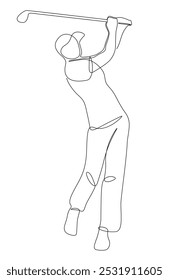 Single continuous line illustration of a golf player. Golfer swings the golf club, vector drawing.