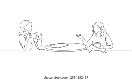 A single continuous line illustration shows two individuals engaged in conversation over coffee at a table, conveying a sense of connection and collaboration.