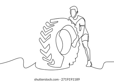 Una sola línea de Imagen continua muestra a un hombre haciendo ejercicio levantando una Grande llanta de automóvil. Diseño de arte de una sola línea.