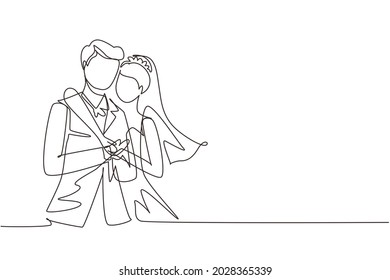 Single continuous line lovers man with suit and woman with wedding dress hugging. Couple in relationship in love. Happy man hugging his partner woman. One line draw graphic design vector illustration