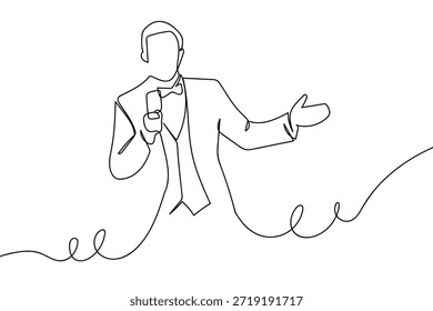 A single, continuous line a male singer is performing on stage. simple line art illustration.