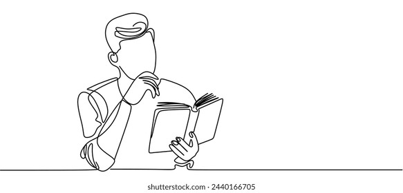 Single continuous line of man holding in hand book and reading. One line minimalist style.