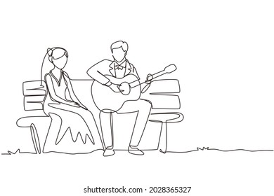 Single continuous line married couple sitting on wooden bench in park. Man playing music on guitar, girl listen and singing together at wedding party. One line draw graphic design vector illustration