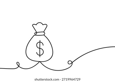 A single, continuous line of money bag, an icon-style business and finance illustration concept. Minimalist.