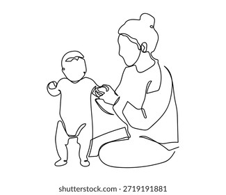 Uma única e contínua linha que uma mãe está ensinando seu pequenino a andar. Uma simples ilustração artística em linha.