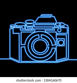 Single continuous line Photo camera blue glowing neon ui ux icon. Glowing sign logo vector illustration concept