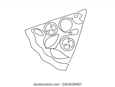 Single continuous line of piece of pizza. Piece of pizza fast food in one line style isolated on white background.