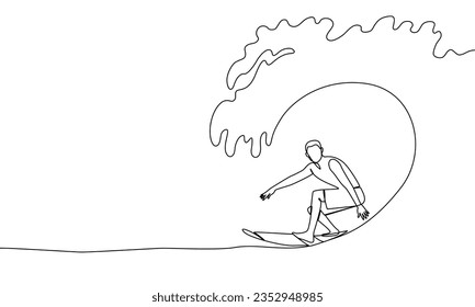 Una línea continua de surfista profesional en la ola oceánica. Surf. Agua, onda, agarra una ola. Ilustración vectorial de una línea