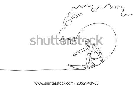 Single continuous line of professional surfer on the ocean wave. Surfing. Water, wave, catch a wave. One line drawing vector illustration