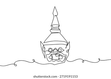 Una sola línea continua que representa la máscara de la danza clásica asiática. Dibujo de una sola línea