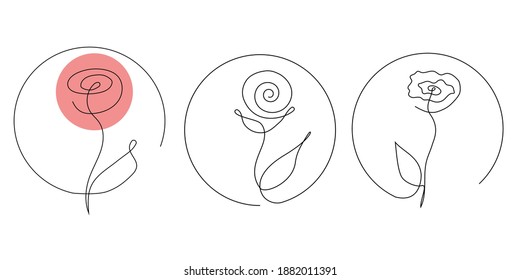 Conjunto de ilustraciones de elementos de rosa de línea continua única. Logotipo de diseño vectorial, icono, símbolo, elemento de estilo minimalista simple.