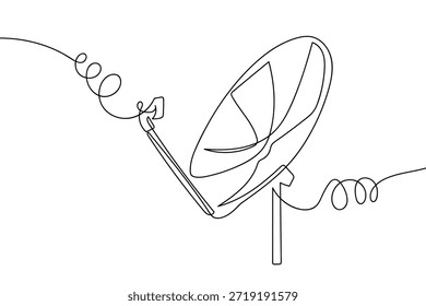 A single, continuous line of a satellite dish. Single line art design.