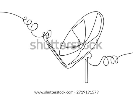 A single, continuous line of a satellite dish. Single line art design.