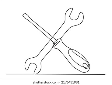 Single continuous line of screwdriver and wrench. Computer service technology support design element one sketch outline drawing vector illustration