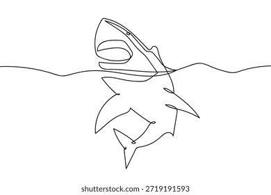 Una sola línea continua de cabezas de tiburón saliendo del agua. Ilustración gráfica de Vector de diseño de línea única.