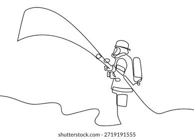 Eine einzige, durchgehende Linie zeigt einen Feuerwehrmann, der Wasser aus einer Düse sprüht. Einzeiliges Kunstdesign.