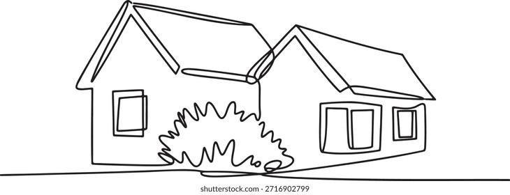 Boceto de línea continua única que representa el edificio residencial, dos secciones de techo unidas y un simple elemento de paisajismo. Concepto de propiedad de la vivienda propiedad de bienes raíces.