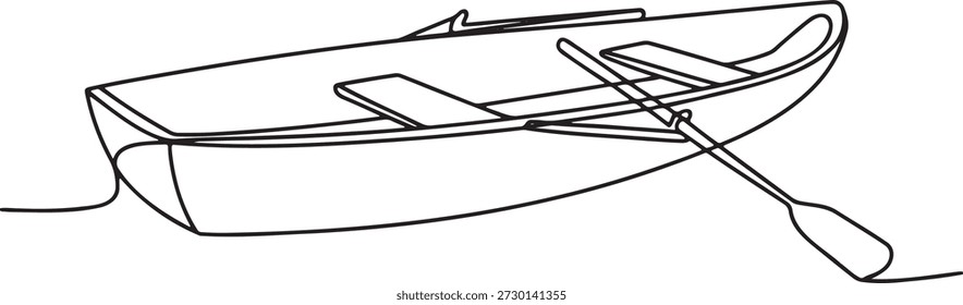 Eine durchgehende Skizze zeigt ein kleines hölzernes Ruderboot, das auf der Wasseroberfläche schwimmt, komplett mit Rudern, die für Ruderabenteuer oder Angelausflug bereit sind.