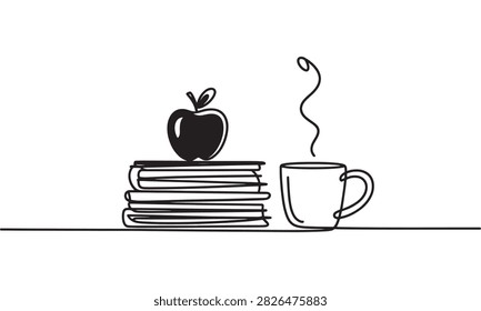 A single continuous line of a stack of books topped with an apple, positioned next to a steaming cup of coffee on a white background. This minimalist study and morning habits.