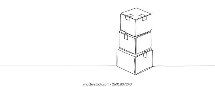 Single continuous line, stacked cardboard boxes line art vector business illustration with transparent background.