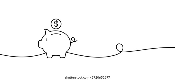 Una sola línea continua, un icono estilizado, una hucha con monedas en la parte superior, una ilustración de concepto de negocios y finanzas. estilo lineal y dibujado a mano.